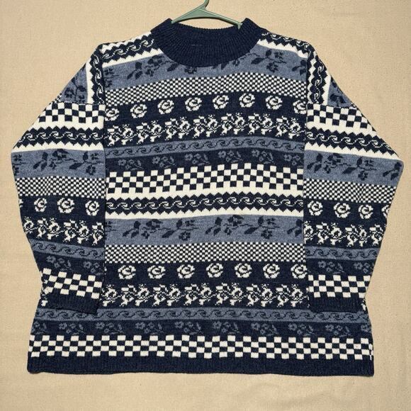 Rose Sweaters - VTG Rose Womens Vintage 80s Nordic Fair Isle Pullover Sweater Size XL Blue White